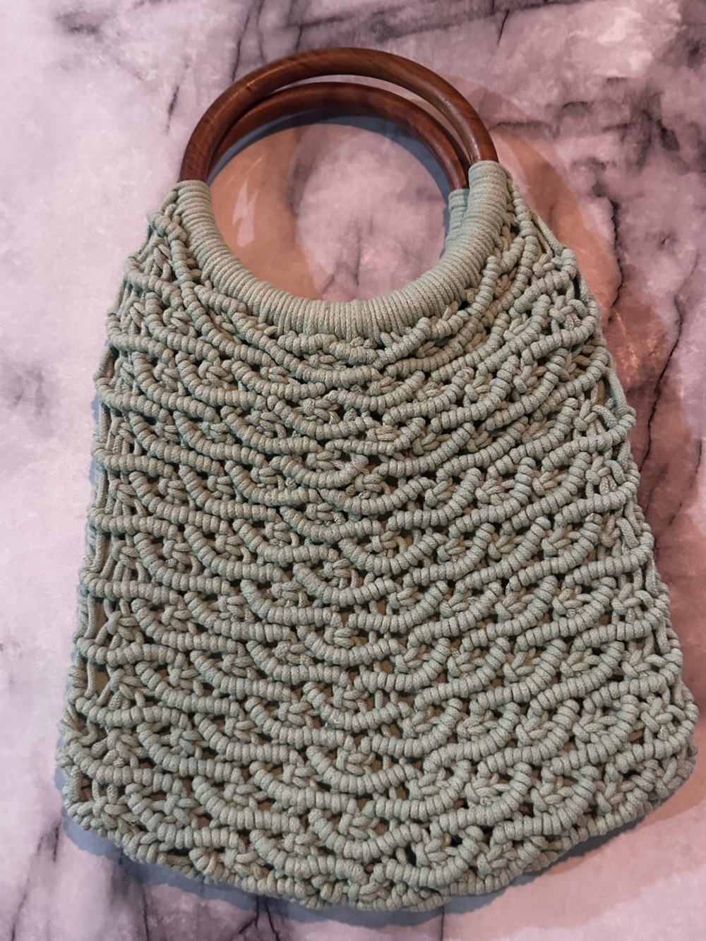 Handwoven Sage Green Macramé Tote with Wooden Handles